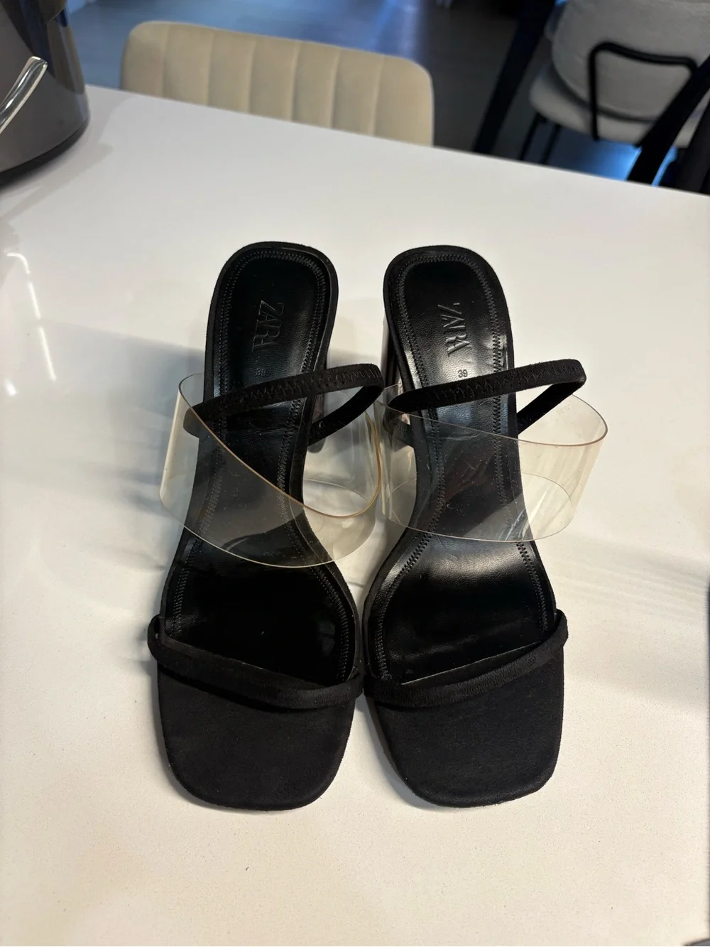 Zara Black Block Heel Sandals with Clear Strap - Picture 2 of 3